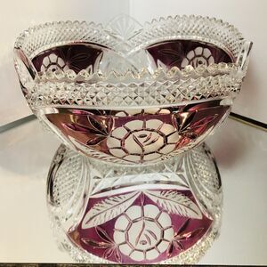 Hofbauer Bowl Art Deco Cranberry Flash Crystal Scalloped Floral Germany 8.5 dia.